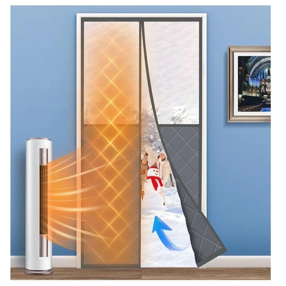 Insulated Magnetic Door Curtain 38x84 Thermal Draft Blocker Grey Quilted Screen